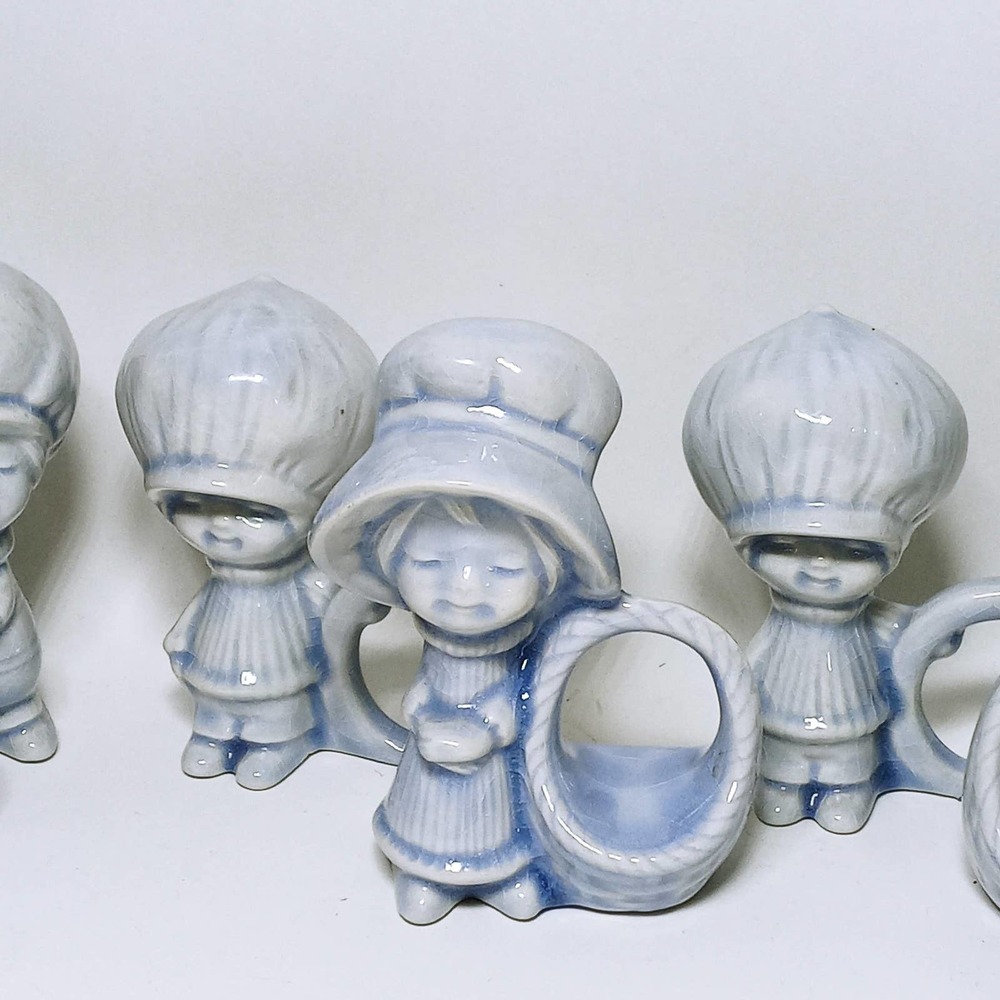 Big Head Kids Napkin Rings Blue Ceramic Baskets Set of 6 Napkin Holders (j)